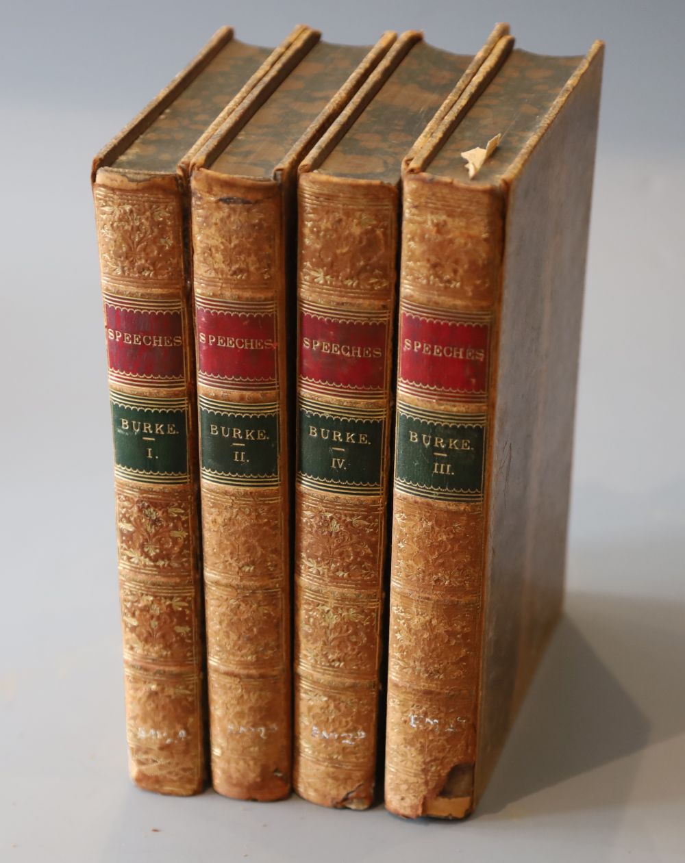 Burke, Edmund - The Speeches of the Right Honourable Edmund Burke, 1st edition, 4 vols, 8vo, tree calf, front board to vol. 4 detached,